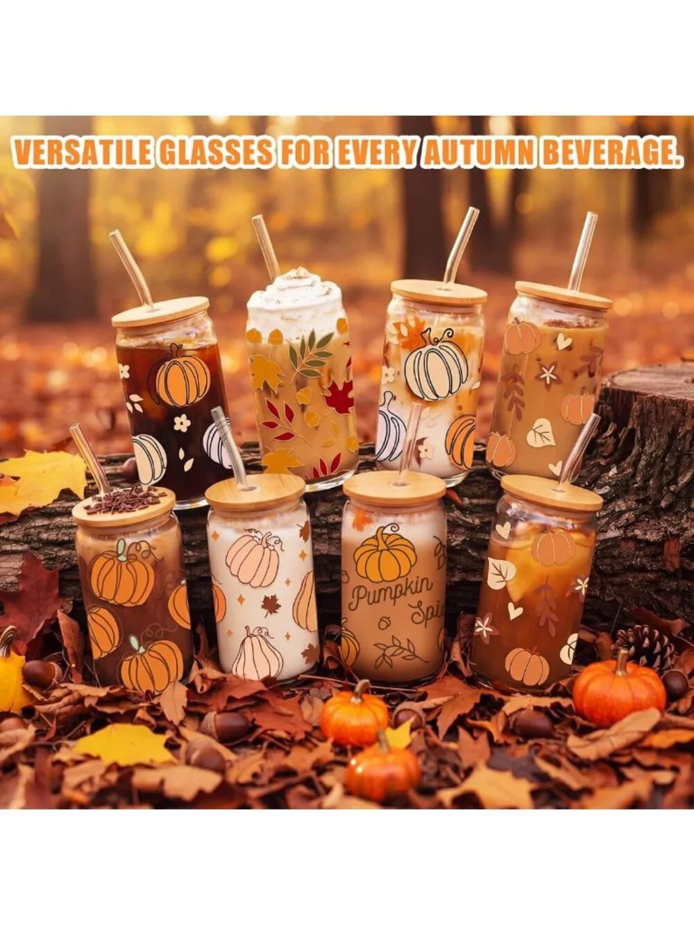 12 Pcs Autumn Pumpkin Glass Cups with Lids & Straws - Cozy Fall Tumblers, Gifts